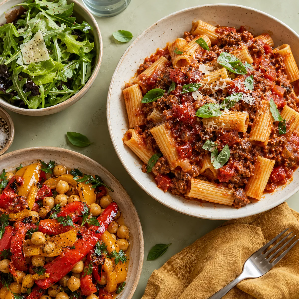 Rigatoni with tomato sauce, roasted capsicums and chickpeas, and a fresh green salad